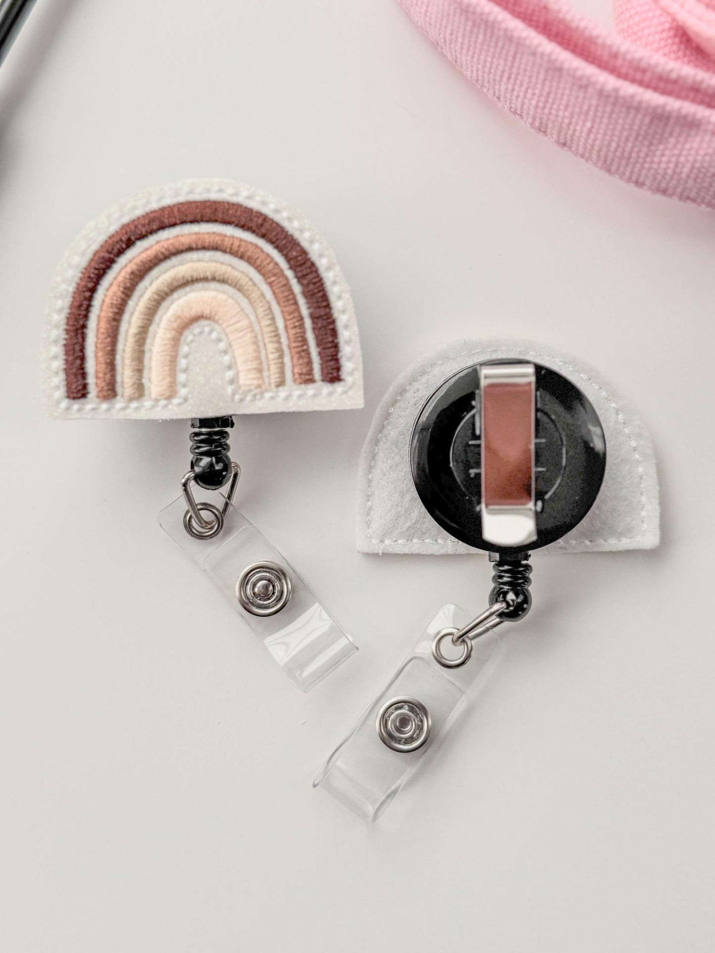 Neutral Rainbow Feltie Badge Reel Nurse Gift Retractable Holder Fun ID Gift For Work Handmade Felt Badge Clip Healthcare Badge Holder Peds