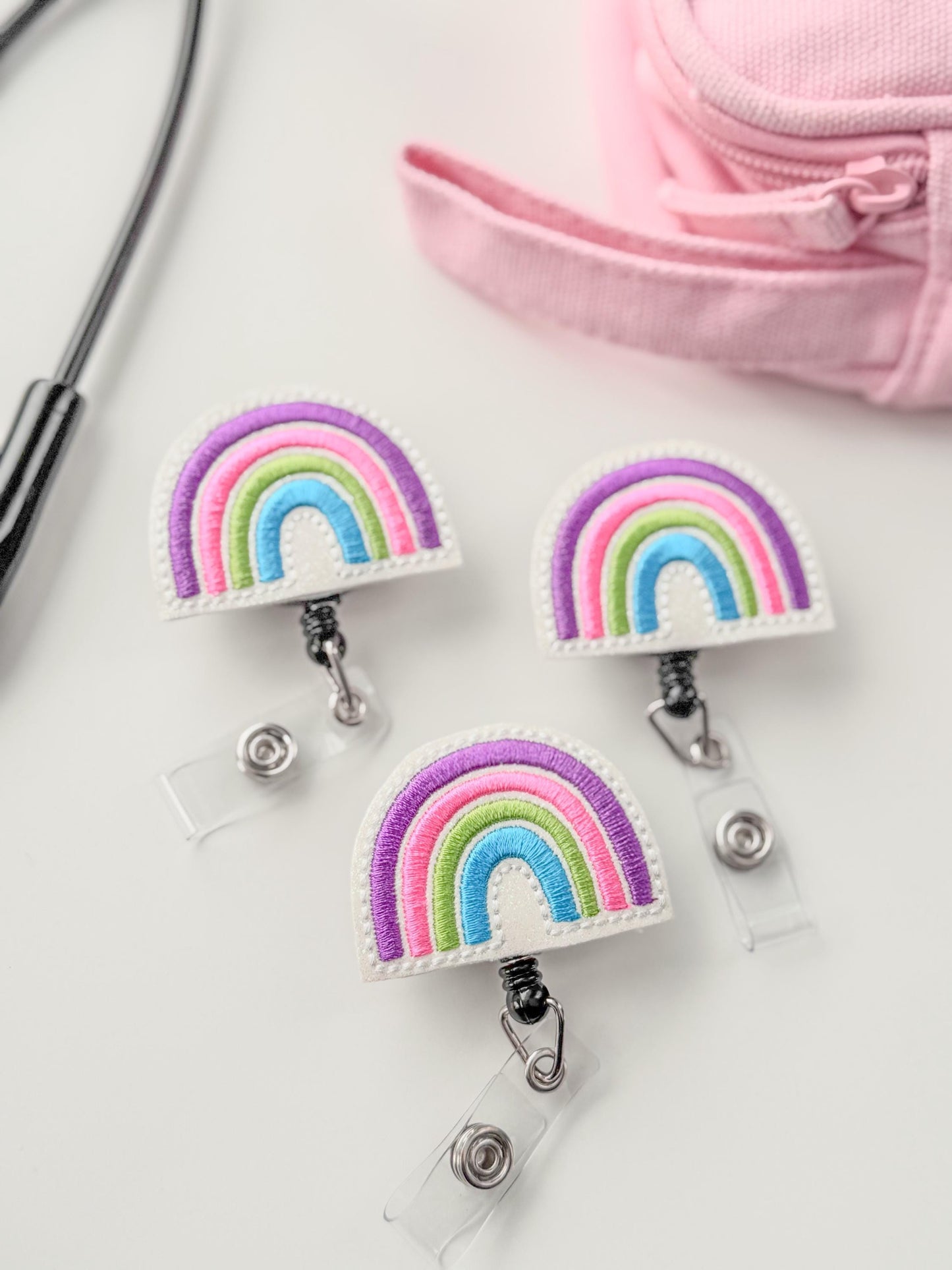 Rainbow Feltie Badge Reel Nurse Gift Retractable Holder Fun ID Gift For Work Handmade Felt Badge Clip Healthcare Badge Holder Peds RN