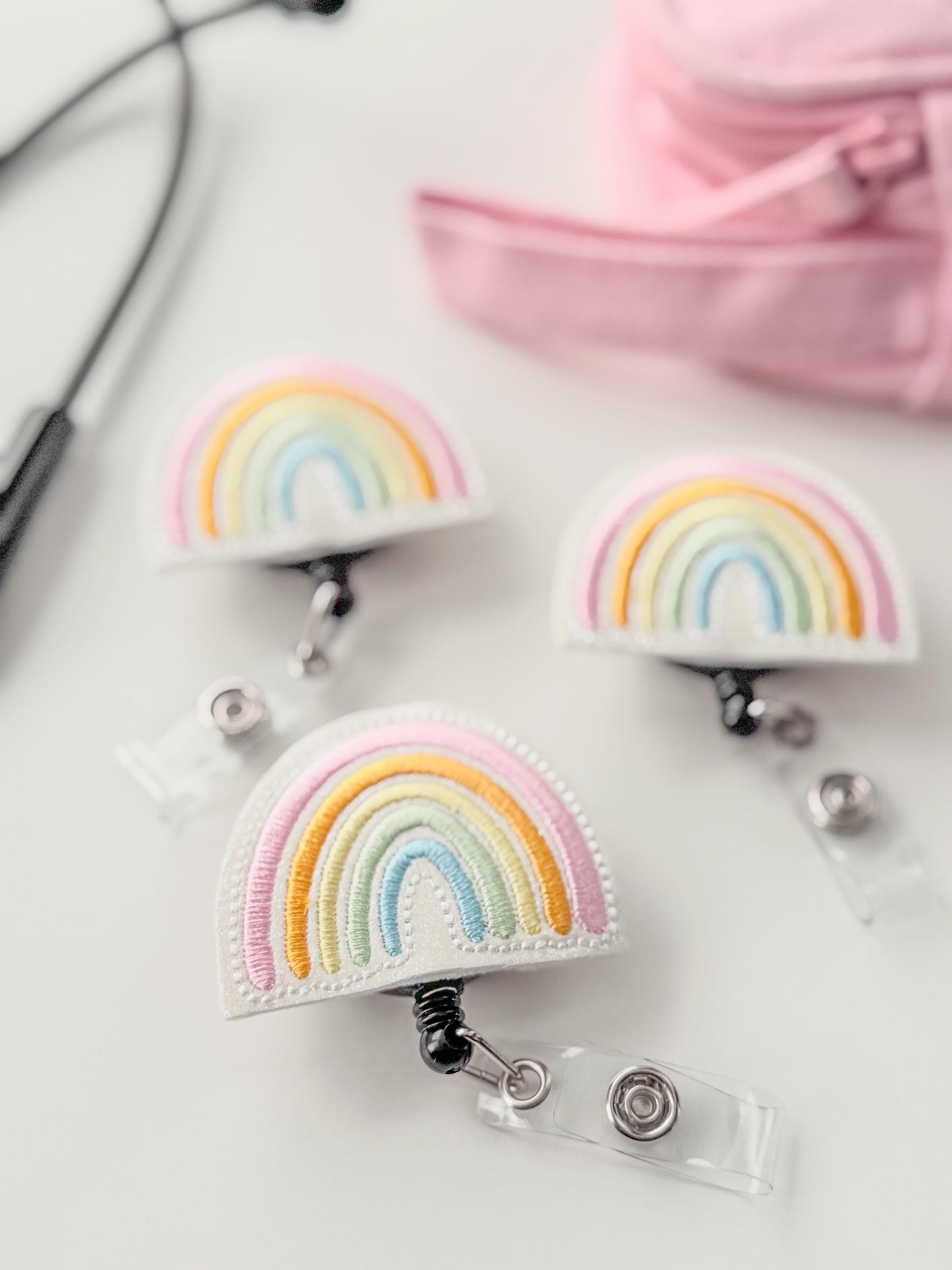 Pastel Rainbow Feltie Badge Reel Nurse Gift Retractable Holder Fun ID Gift For Work Handmade Felt Badge Clip Healthcare Badge Holder Peds RN
