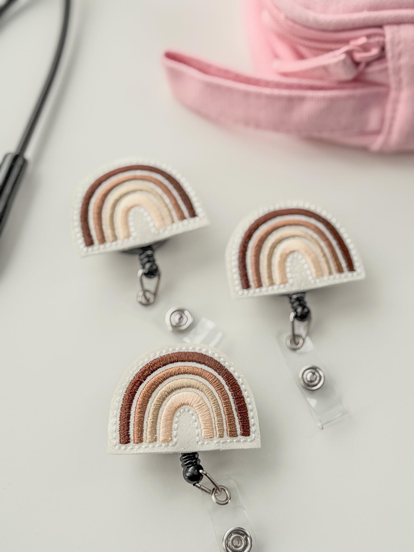 Neutral Rainbow Feltie Badge Reel Nurse Gift Retractable Holder Fun ID Gift For Work Handmade Felt Badge Clip Healthcare Badge Holder Peds