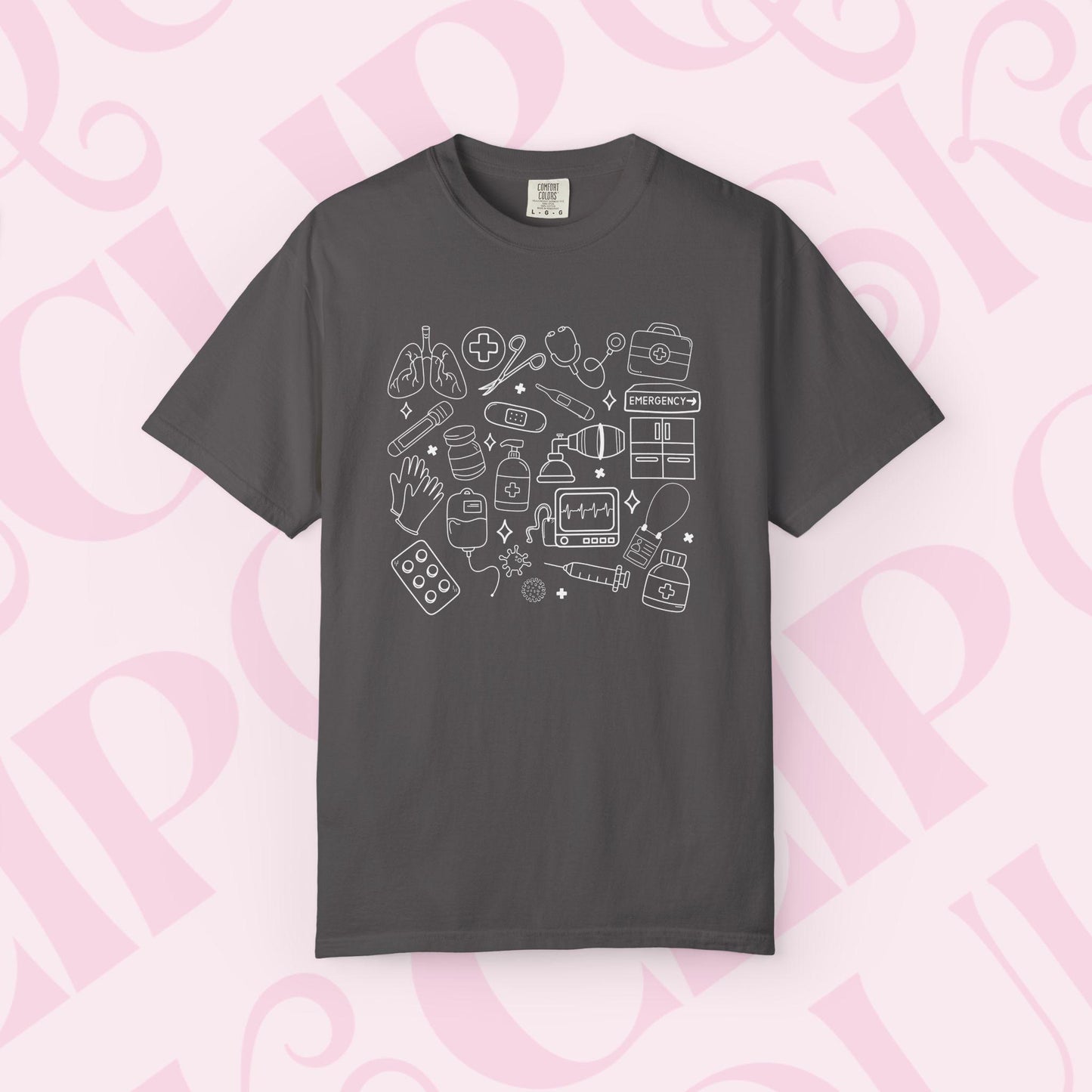Hand drawn doodles medical shirt for healthcare apparel tshirt hospital necessities graphic tee collage gift for nurse nursing clothing