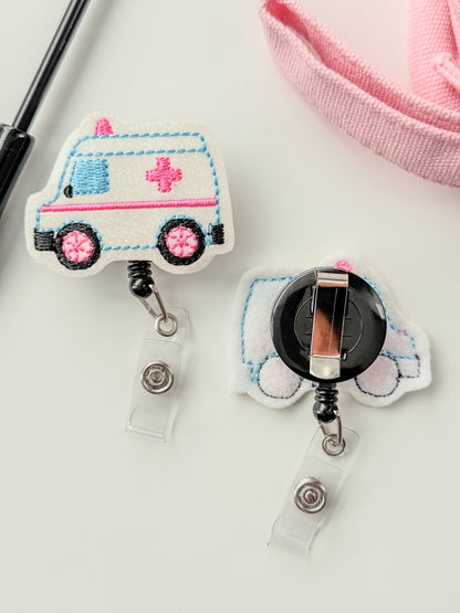 Ambulance Feltie Badge Reel EMS Gift Retractable Holder Fun ID Gift For Work Handmade Felt Badge Clip Healthcare Er Dept Badge Holder EMT