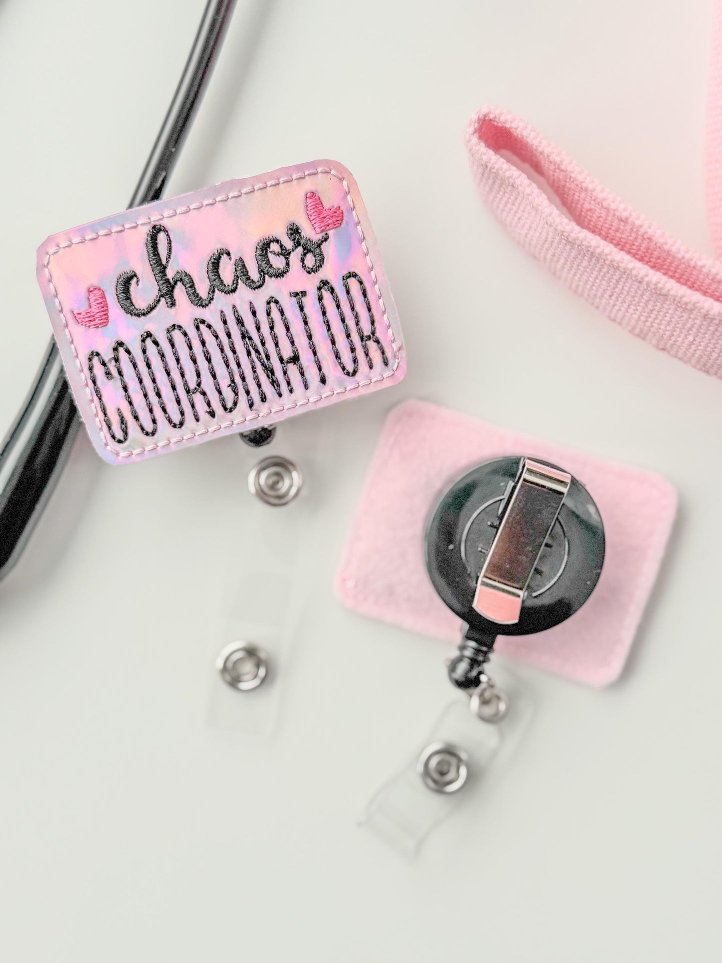 Chaos coordinator feltie badge reel nursing gift retractable holder fun id gift for work handmade felt badge clip badge reel holder