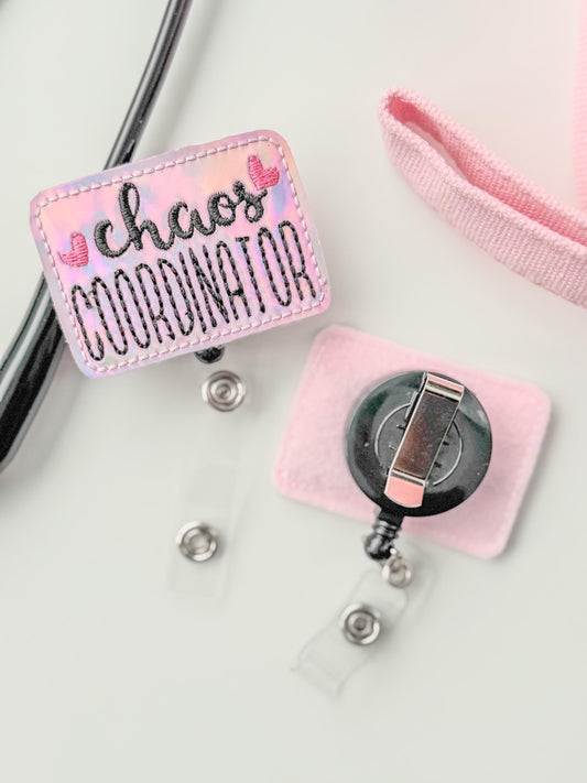 Chaos coordinator feltie badge reel nursing gift retractable holder fun id gift for work handmade felt badge clip badge reel holder