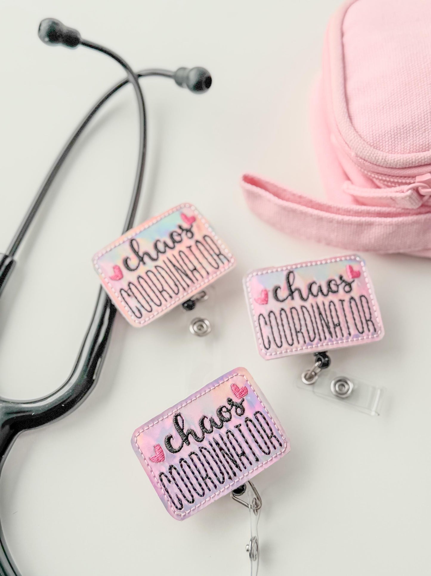 Chaos coordinator feltie badge reel nursing gift retractable holder fun id gift for work handmade felt badge clip badge reel holder