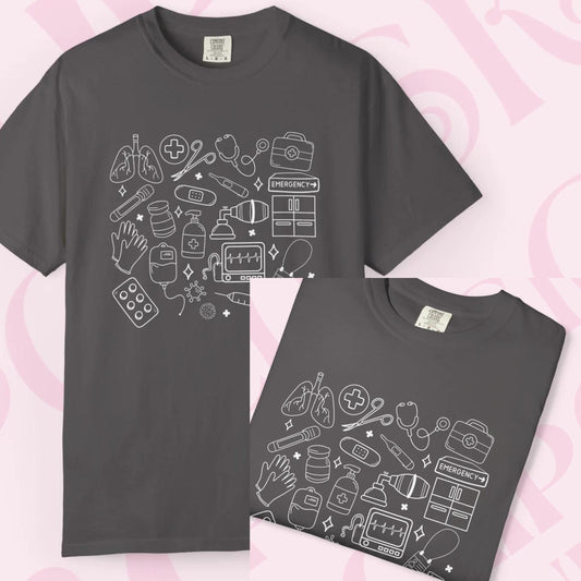 Hand drawn doodles medical shirt for healthcare apparel tshirt hospital necessities graphic tee collage gift for nurse nursing clothing