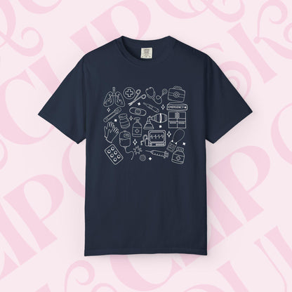 Hand drawn doodles medical shirt for healthcare apparel tshirt hospital necessities graphic tee collage gift for nurse nursing clothing