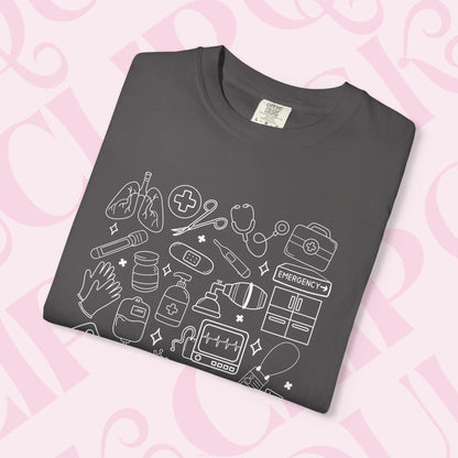 Hand drawn doodles medical shirt for healthcare apparel tshirt hospital necessities graphic tee collage gift for nurse nursing clothing
