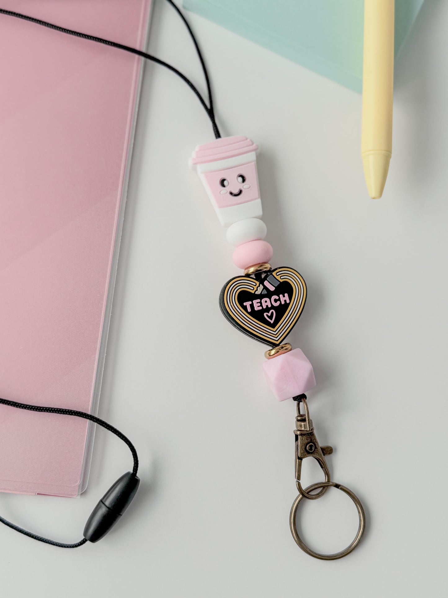 Coffee and teach breakway silicone beaded lanyard for teacher gift appreciation badge holder badge