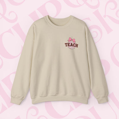 Coquette Disco Ball Teach Sweatshirt Cozy Educator Crewneck Teaching Apparel For Work Cute Pink Clothing New Teacher Education Comfy Gift