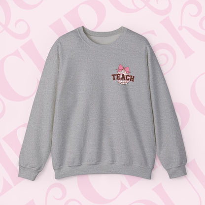 Coquette Disco Ball Teach Sweatshirt Cozy Educator Crewneck Teaching Apparel For Work Cute Pink Clothing New Teacher Education Comfy Gift