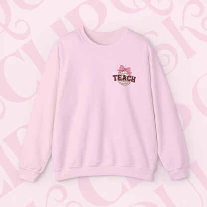 Coquette Disco Ball Teach Sweatshirt Cozy Educator Crewneck Teaching Apparel For Work Cute Pink Clothing New Teacher Education Comfy Gift