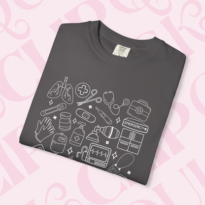 Hand drawn doodles medical shirt for healthcare apparel tshirt hospital necessities graphic tee collage gift for nurse nursing clothing
